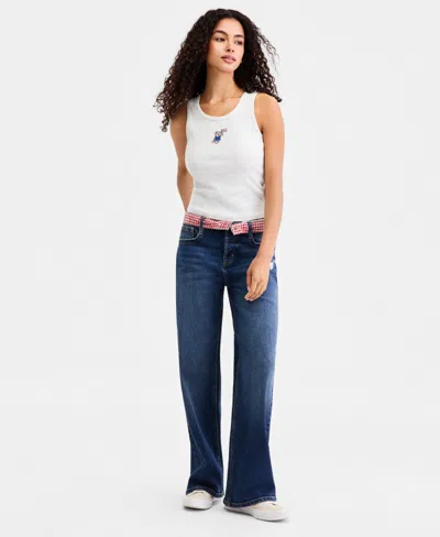 Celebrity Pink Juniors' Gingham Foldover-waist Denim Jeans In Blue