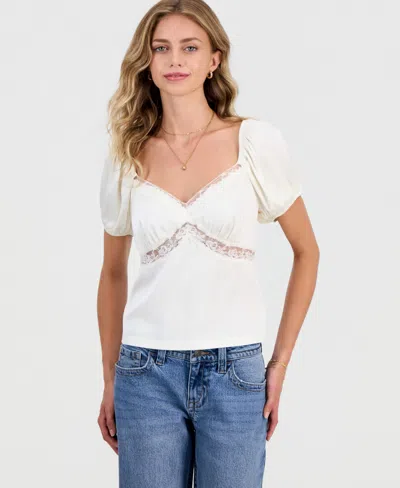Celebrity Pink Juniors' Lace-trim Satin Puff-sleeve Top In White