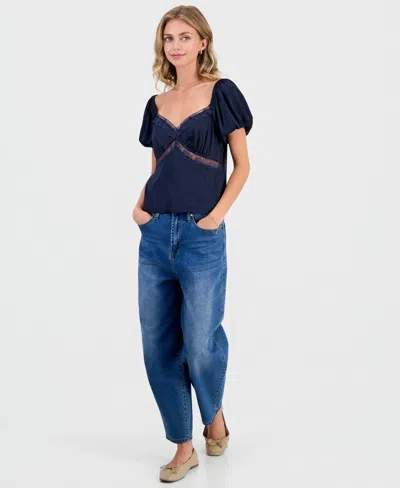 Celebrity Pink Juniors' Lace-trim Satin Puff-sleeve Top In Blue