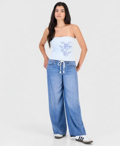 Celebrity Pink Juniors' Light-weight Wide-leg Drawstring Jeans In Blue