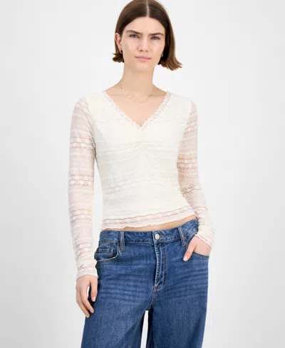 Celebrity Pink Juniors' Long-sleeve Lace V-neck Top In White