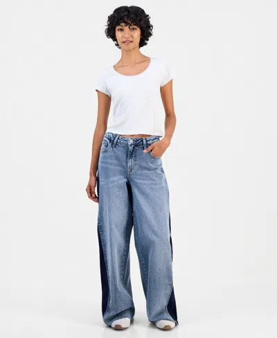 Celebrity Pink Juniors' Mid Rise Contrast Panel Wide-leg Jeans In Blue