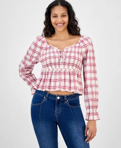 Celebrity Pink Juniors' Plaid Ruffle-trim Babydoll Top In Pink