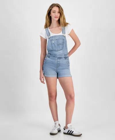 Celebrity Pink Juniors' Roll-cuff Denim Short Overalls In Relay