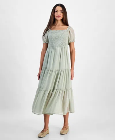 Celebrity Pink Juniors' Smocked Puff-sleeve Midi Dress In Desert Sage