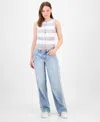 Celebrity Pink Juniors' Varsity Stripe Slouchy Straight-leg Jeans In Blue