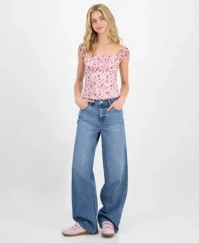 Celebrity Pink Madden Girl Juniors Printed Lace Cap Sleeve Top  Baggy Wide Leg Curvy Jeans In Blue