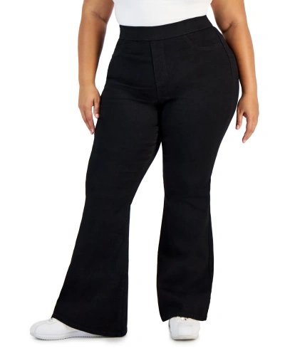 Celebrity Pink Trendy Plus Size Curvy Pull-on Flare-leg Jeans In Black Rinse