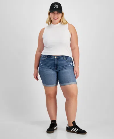 Celebrity Pink Trendy Plus Size Distressed Rolled-cuff Denim Shorts In Medium Wash