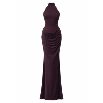 Celestine & Mae Women's Brown Aurora Draped Halterneck Lace Maxi Dress