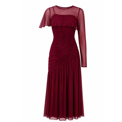 Celestine & Mae Women's Red Rosaline Sheer Cape Midi Dress