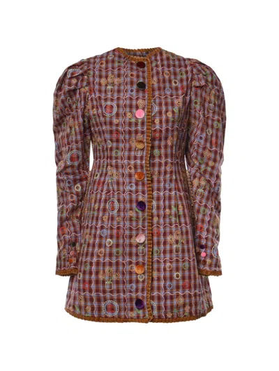 Celia B Alura Embroidered Checked Mini Dress In Brown