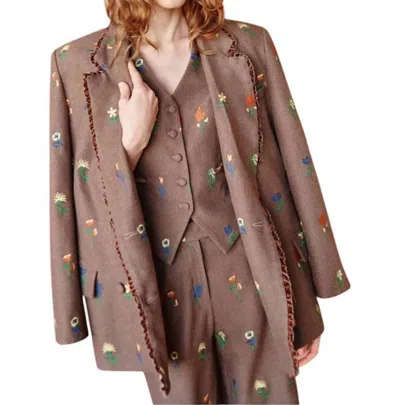 Celia B Double Breasted Blazer With Floral Embroidery In Chestnut In Pink