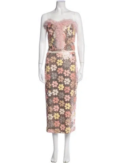 Pre-owned Celia B Floral Print Faux Fur Trim Skirt Set In Pink