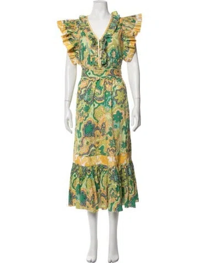 Pre-owned Celia B Floral Print Long Dress In Green/metallic