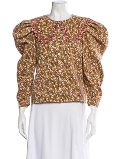 Pre-owned Celia B Floral Print Long Sleeve Blouse In Brown