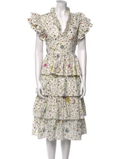 Pre-owned Celia B Floral Print Midi Length Dress In White