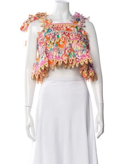 Pre-owned Celia B Floral Print Square Neckline Crop Top W/ Tags In White