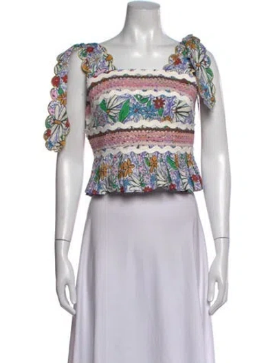 Pre-owned Celia B Floral Print Square Neckline Top In White