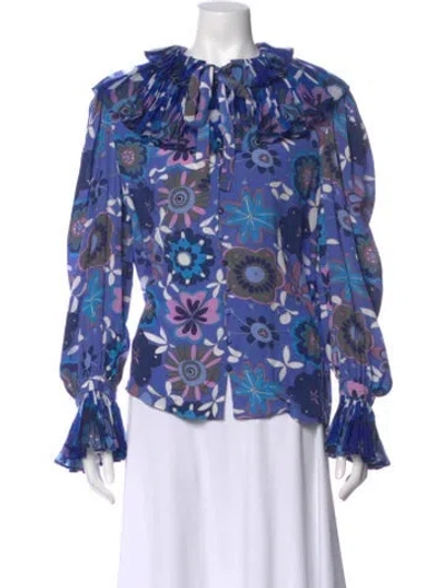 Pre-owned Celia B Floral Print Tie Neck Blouse In Blue