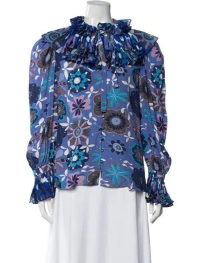 Pre-owned Celia B Floral Print Tie Neck Blouse In Blue