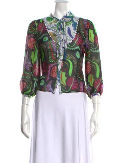 Pre-owned Celia B Floral Print Tie Neck Blouse In Green