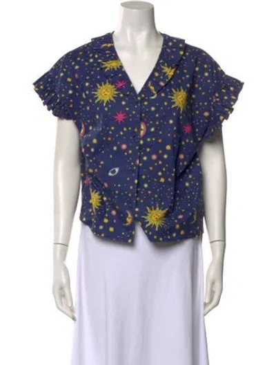 Pre-owned Celia B Floral Print V-neck Blouse In Blue
