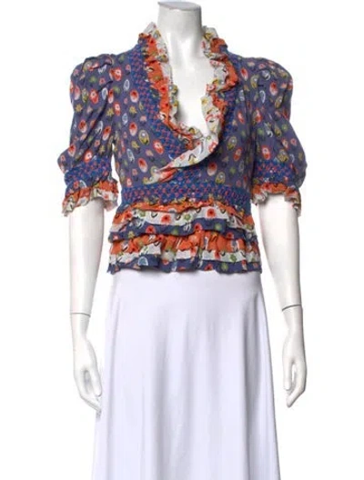 Pre-owned Celia B Floral Print V-neck Top In Blue