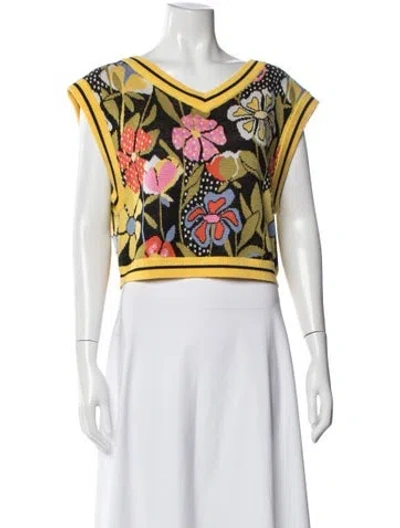Pre-owned Celia B Floral Print V-neck Top In Yellow