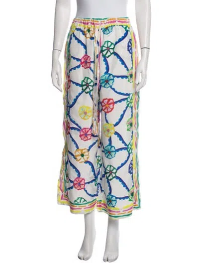 Pre-owned Celia B Floral Print Wide Leg Pants In White
