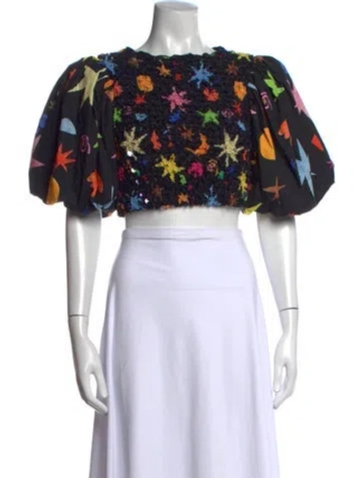 Pre-owned Celia B Graphic Print Crew Neck Crop Top In Black