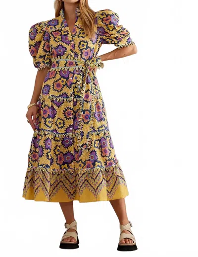 Celia B Linen Puff-sleeve Midi Dress In Multi