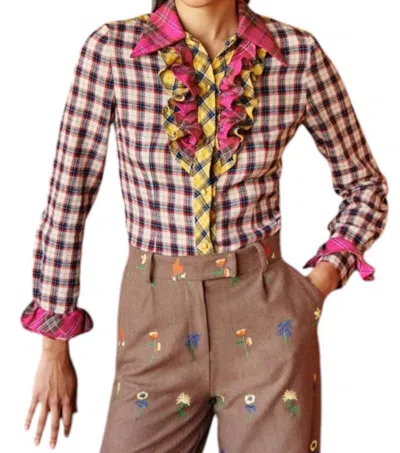 Celia B Lys Flannel Shirt With Ruffled Placket In Multi-colored