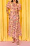 Celia B Nammu Puff Sleeves Maxi Dress In Yellow In Pink