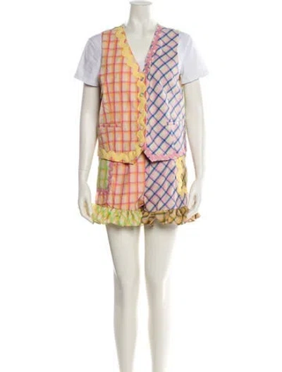 Pre-owned Celia B Plaid Print Grosgrain Trim Short Set W/ Tags In Yellow