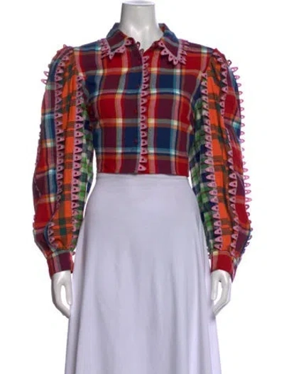 Pre-owned Celia B Plaid Print Long Sleeve Blouse In Multicolor
