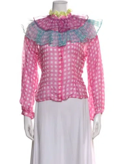 Pre-owned Celia B Plaid Print Long Sleeve Blouse In Pink