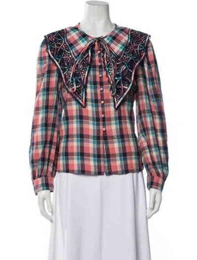 Pre-owned Celia B Plaid Print Long Sleeve Top In White