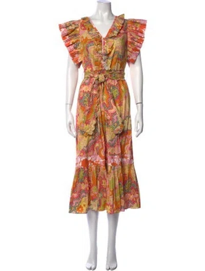 Pre-owned Celia B Printed Midi Length Dress In Orange