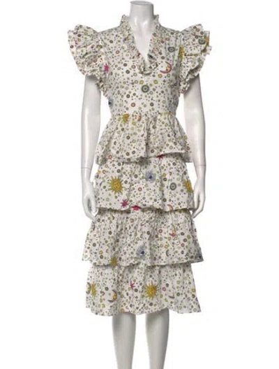 Pre-owned Celia B Printed Midi Length Dress In White