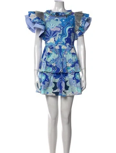 Pre-owned Celia B Printed Mini Dress In Blue/metallic
