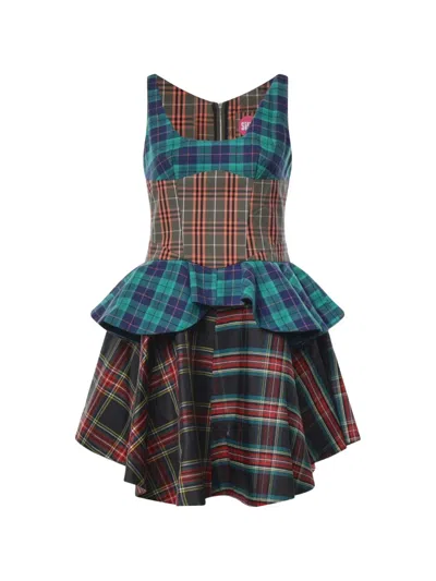Celia B Sedona Patchwork Tartan Mini Dress In Brown
