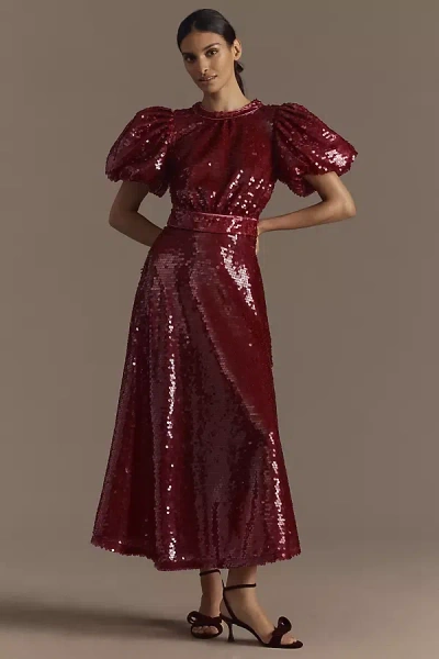 Celia B Seraph Puff-sleeve Sequin Midi Dress In Red