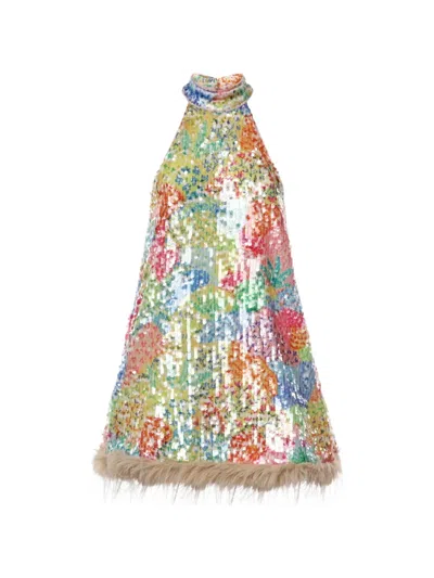 Celia B Solace Sequin-embellished Faux-fur-trim Mini Dress In Multi