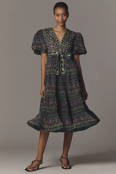 Celiab Celestia Puff-sleeve V-neck Midi Dress In Brown