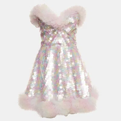 Pre-owned Celiab Celia B Multicolour Sequinned & Tulle Ruffle Strapless Journey Dress M In Multicolor