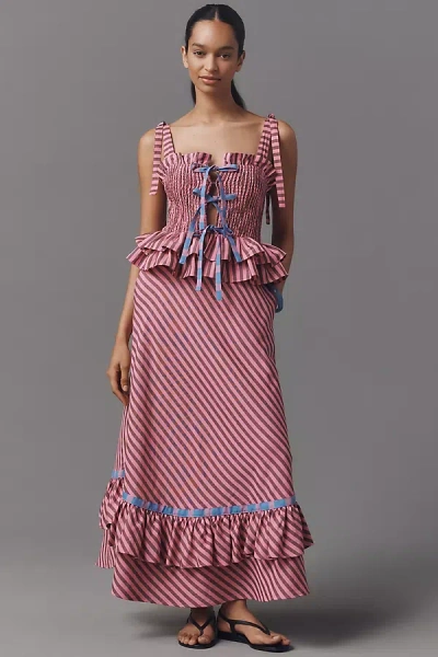 Celiab Sofia Peplum Linen Cotton Midi Dress In Pink