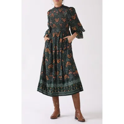Celina Moon Aurnia Smocked Long Sleeve Midi Dress In Green