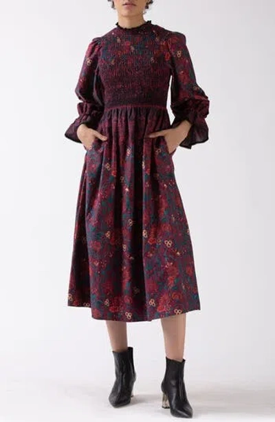 Celina Moon Aurnia Smocked Long Sleeve Midi Dress In Multi