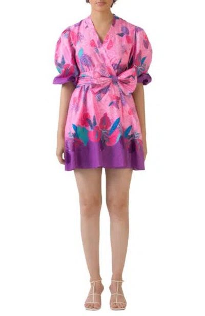 Celina Moon Carly Puff Sleeve Cotton Wrap Dress In Pink Multi